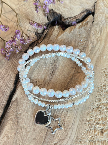 1 Elastarmband mit Süsswasserperle 3mm mit Silberkügeli mit Stern und Herz ,1 Süsswasserperlen Armband 8mm, 925 Silberkugel-Armbändeli 2mm