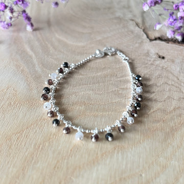 Armkette Kügelchen 925 Sterlingsilber mit vielen Anhängern Edelsteine in Erdtönen 17,5-19,5cm verstellbar