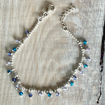 Armkette Kügelchen 925 Sterlingsilber mit vielen Anhängern Edelsteine in Blautönen 17,5-19,5cm verstellbar