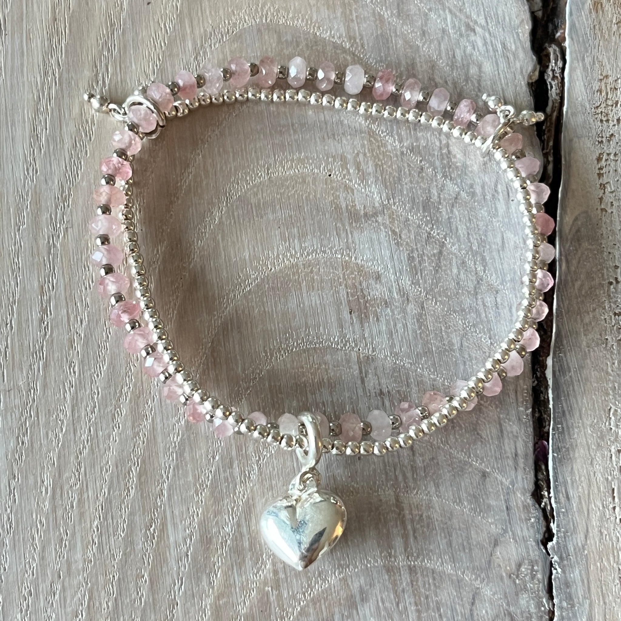 1 Armband Rosenquarz 3mm mit Silberkügeli und einem 925 Silberkugel-Armband 2mm,ein kleiner Herzanhänger 925 Silber und 2 kleine Verbindungsteilchen 925 Silber