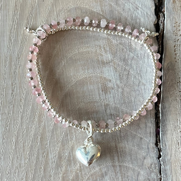 1 Armband Rosenquarz 3mm mit Silberkügeli und einem 925 Silberkugel-Armband 2mm,ein kleiner Herzanhänger 925 Silber und 2 kleine Verbindungsteilchen 925 Silber