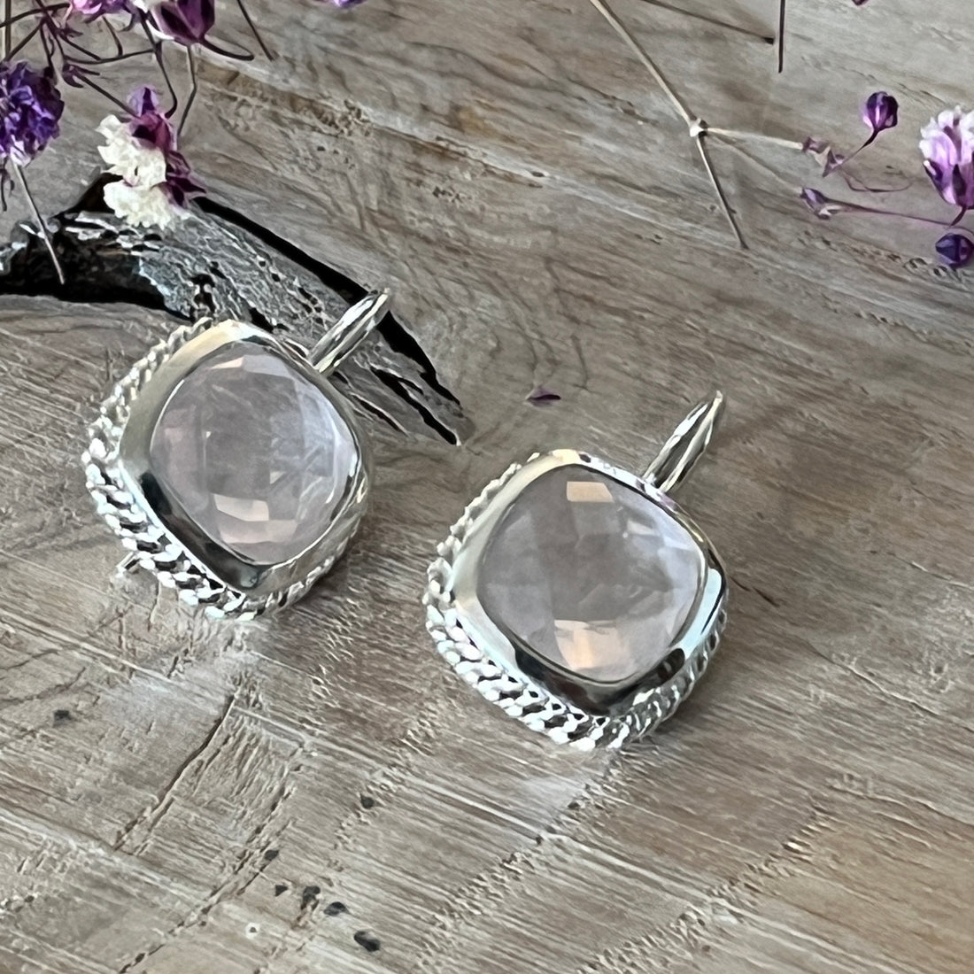 Ohrhänger 14x14mm 925 Sterlingsilber mit wunderschönem facettiertem Rosenquarz