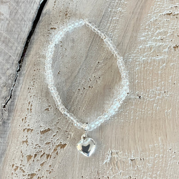 1 Armband Bergkristall 3mm mit Silberkügeli und einem süssen Anhänger Herz 925 Sterlingsilber an einem kleinen Karabiner