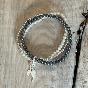 Armband Süsswasserperlen weiss und dunkelgrau je 3mm und 925 Silberkugel-Armband 3mm,die Federli sind 925 Sterlingsilber