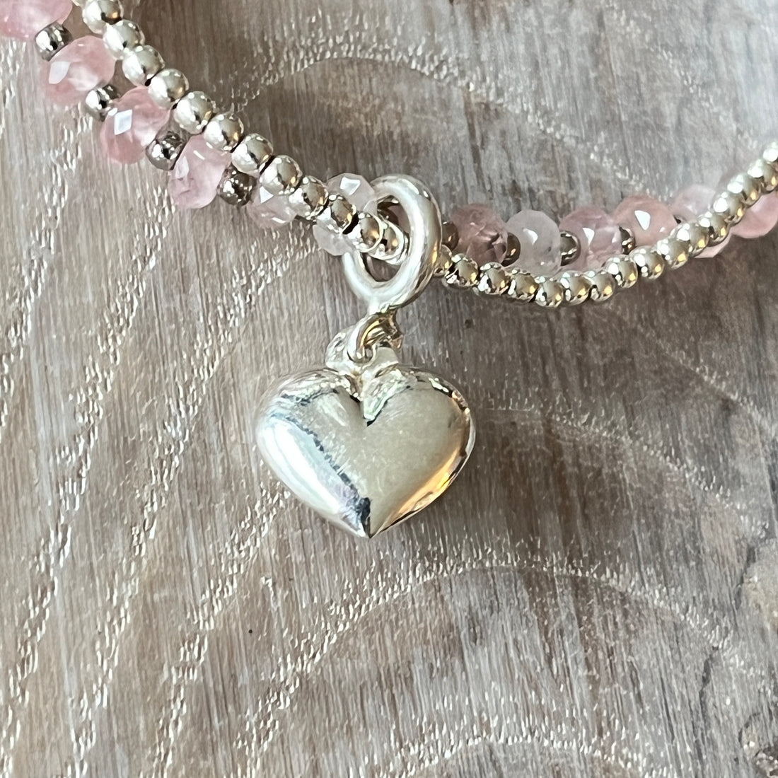 1 Armband Rosenquarz 3mm mit Silberkügeli und einem 925 Silberkugel-Armband 2mm,ein kleiner Herzanhänger 925 Silber und 2 kleine Verbindungsteilchen 925 Silber