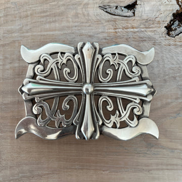 Wechselschnalle Ornament silberfarben 9 X 6,5cm, massiv Metall. Passend für Gürtel bis 4cm Breite