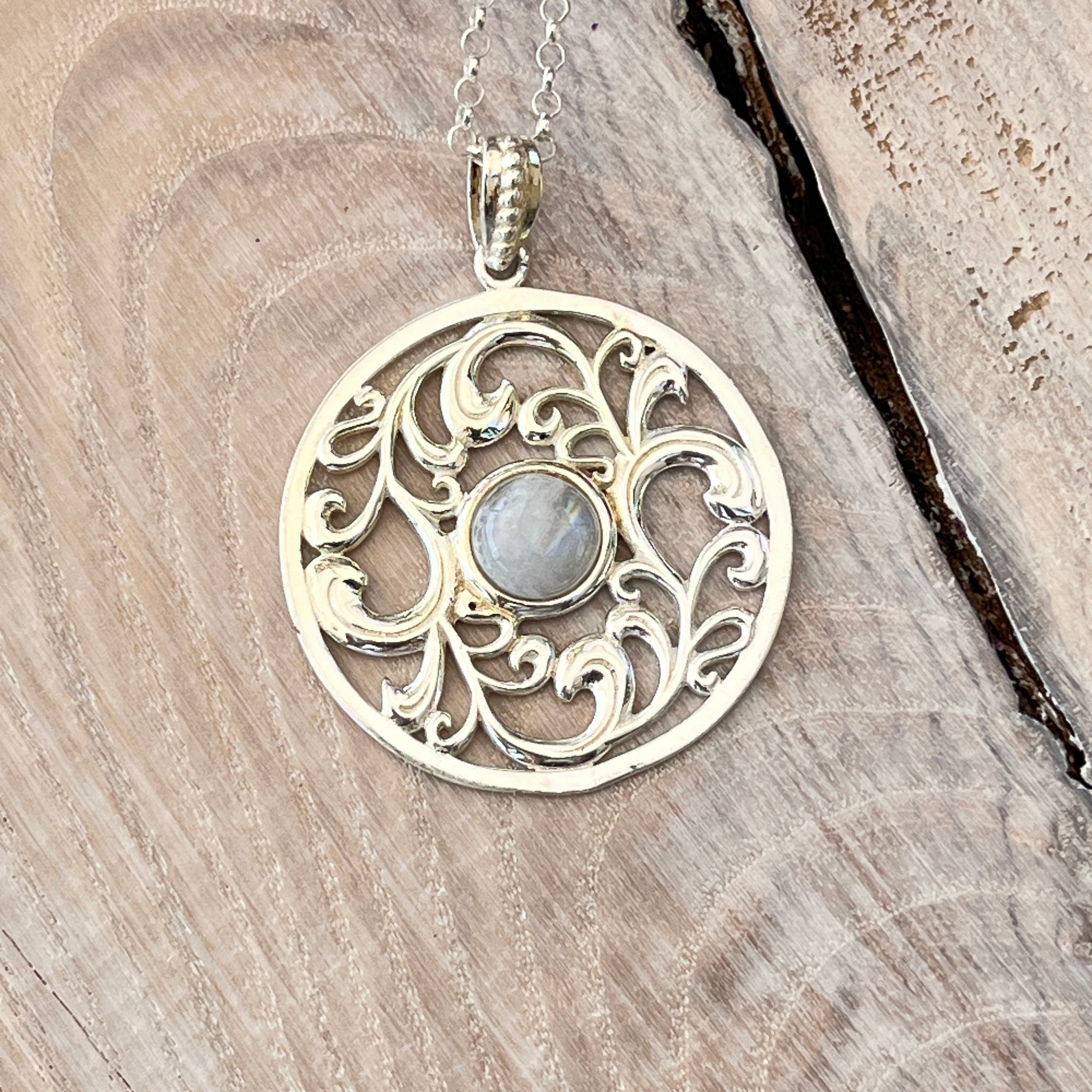 Amulett 925 Sterlingsilber 40mm mit Regenbogen Mondstein