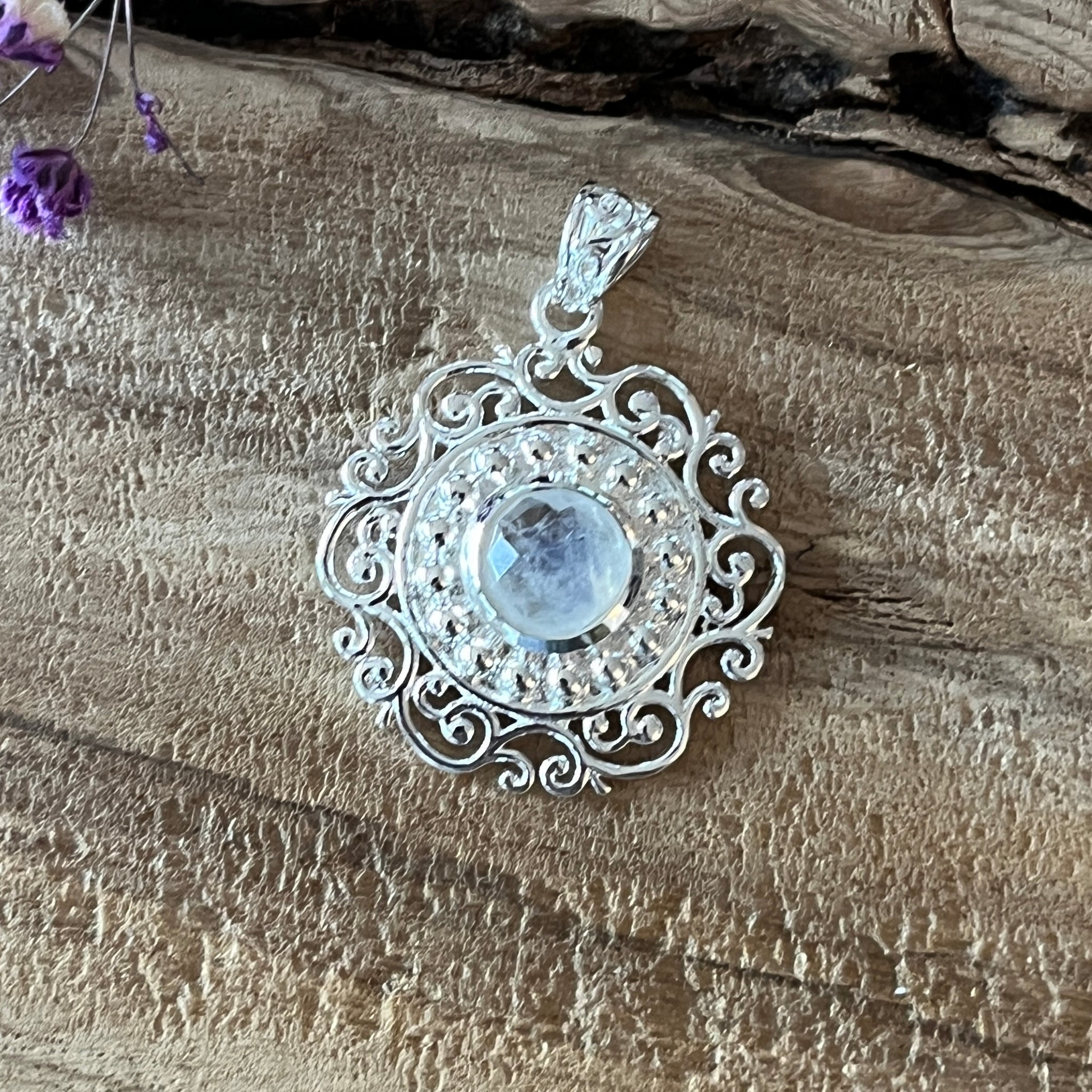 Amulett 925 Sterlingsilber mit  Regenbogen Mondstein oder Aqua Achat 25mm