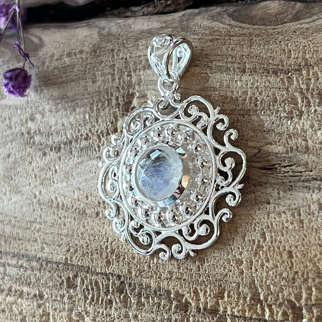 Amulett 925 Sterlingsilber mit  Regenbogen Mondstein oder Aqua Achat 25mm