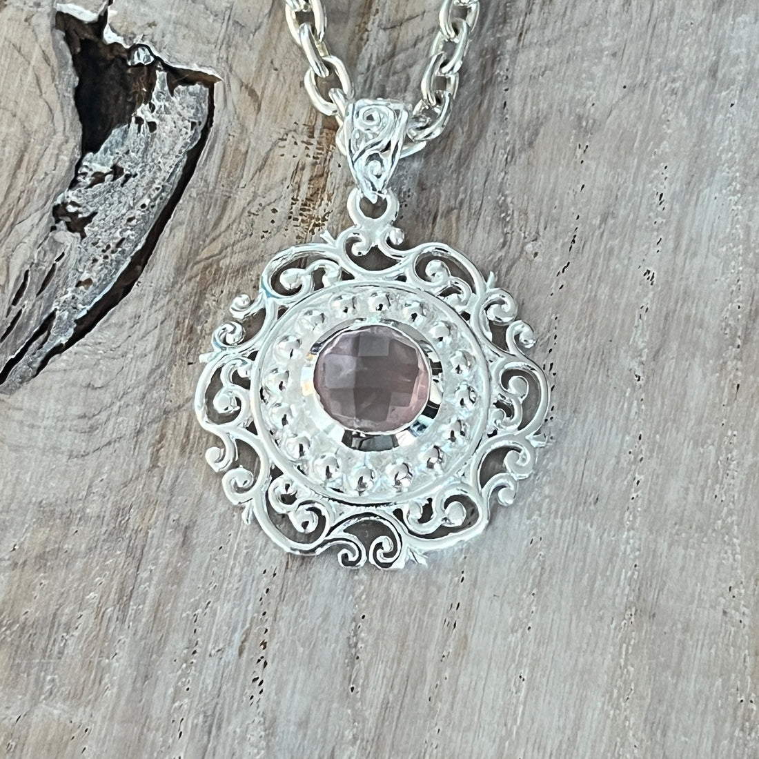 Amulett 925 Sterlingsilber mit echtem Rosenquarz 25mm